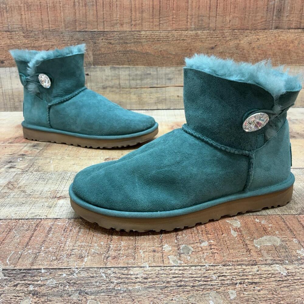 UGG Boots Womens Size 8 39 Green Suede Shearling Ankle Crystal Button Winter